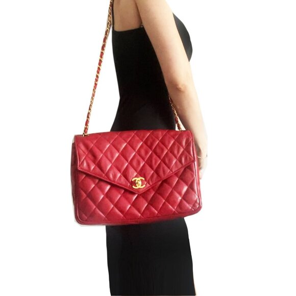 RARE CHANEL CC 24K Vintage Jumbo Envelope Flap Bag Lambskin Timeless Red Purse - Picture 2 of 16